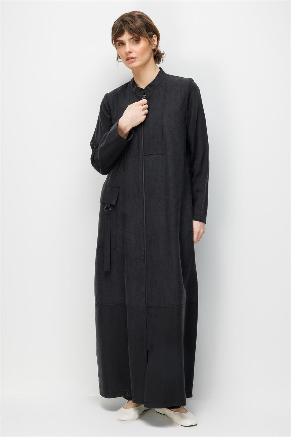 %80 Doğal LyoCELL Dökümlü Soft Hissiyatlı  Ara Desen Cep ve Garni Detaylı Kap Ferace-Siyah