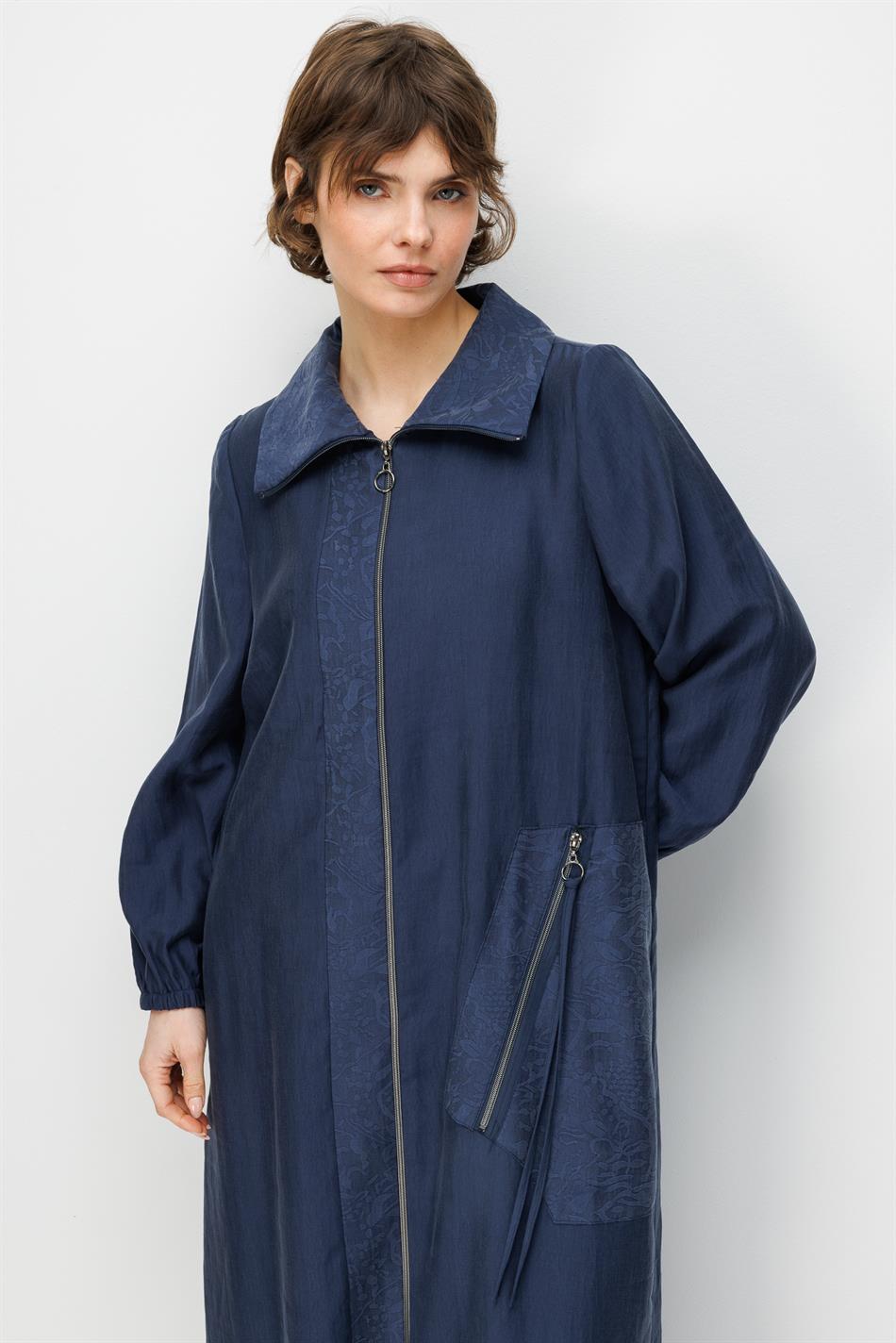 80% natuurlijke LyoCELL soepelvallende, tijdloze abaya met zijzakken en sierdetails aan de voorkant - marineblauw