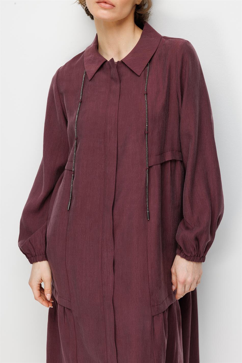 %80 Doğal LyoCELL Dökümlü Soft Hissiyatlı Yaka Aksesuar Garni Detaylı Kap Ferace-Bordo