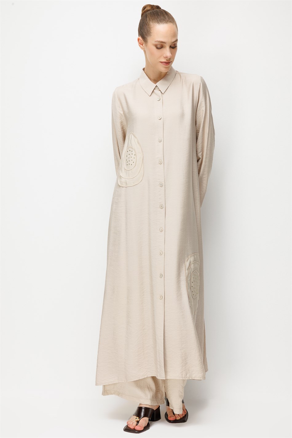 %85 LyoCELL Aller Özel Taş ve Desen İşlemeli Maxi Tunik Elbise Ferace-Taş