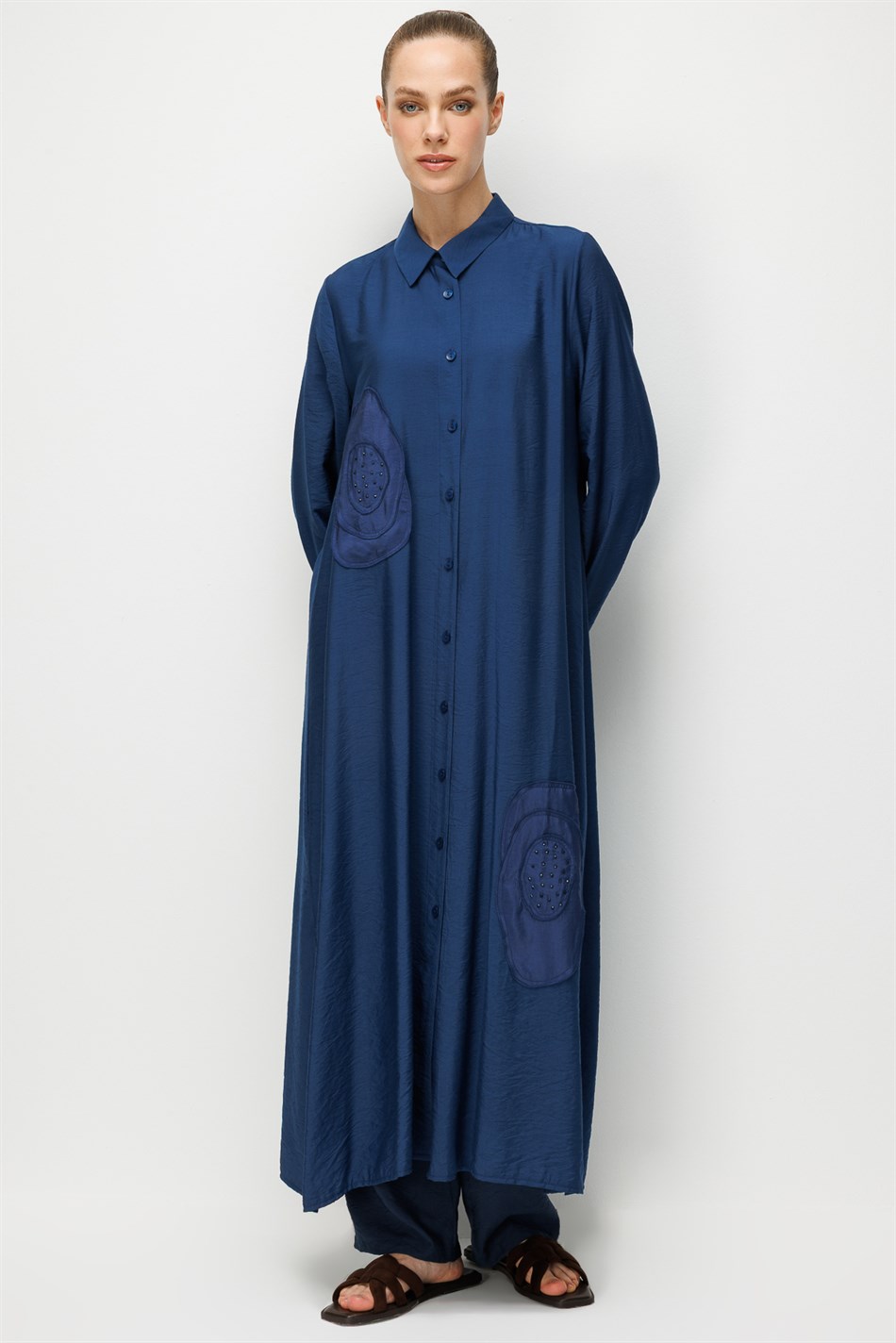 %85 LyoCELL Aller Özel Taş ve Desen İşlemeli Maxi Tunik Elbise Ferace-MARİN
