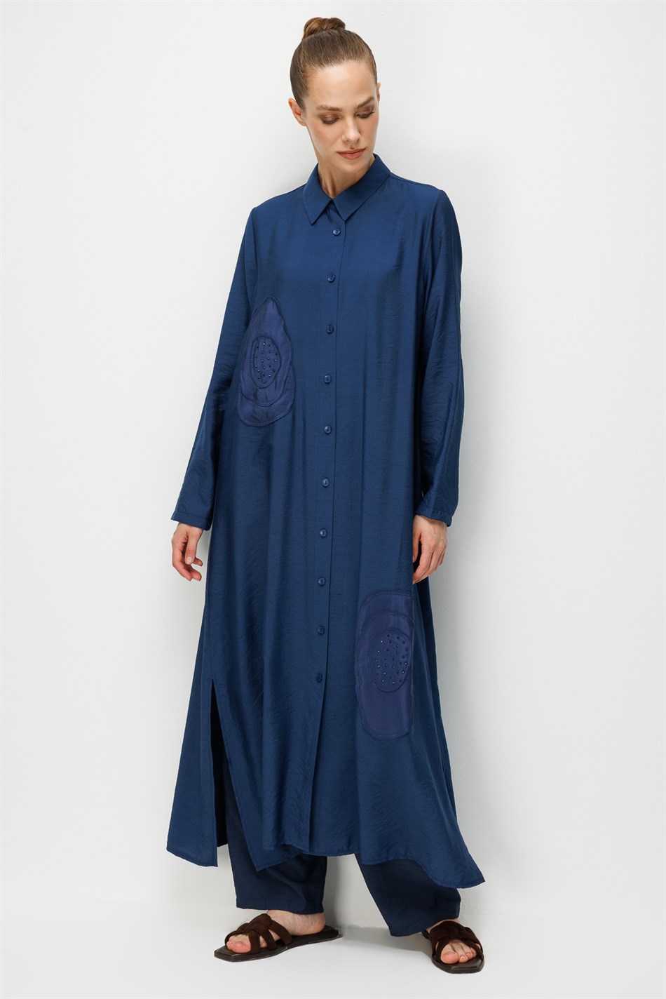 %85 LyoCELL Aller Özel Taş ve Desen İşlemeli Maxi Tunik Elbise Ferace-MARİN