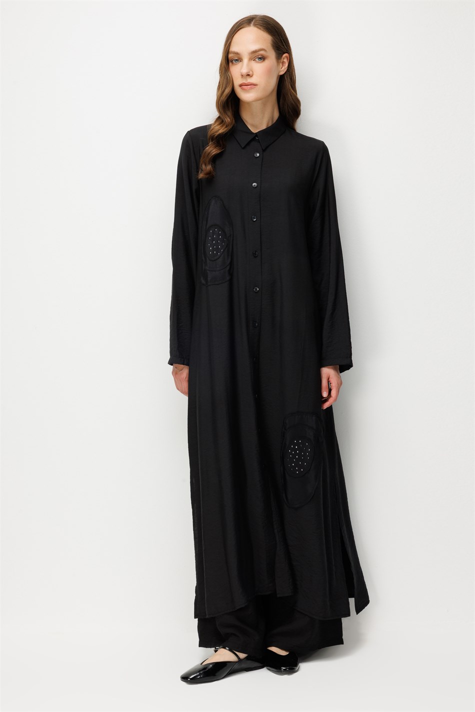 %85 LyoCELL Aller Özel Taş ve Desen İşlemeli Maxi Tunik Elbise Ferace-Siyah