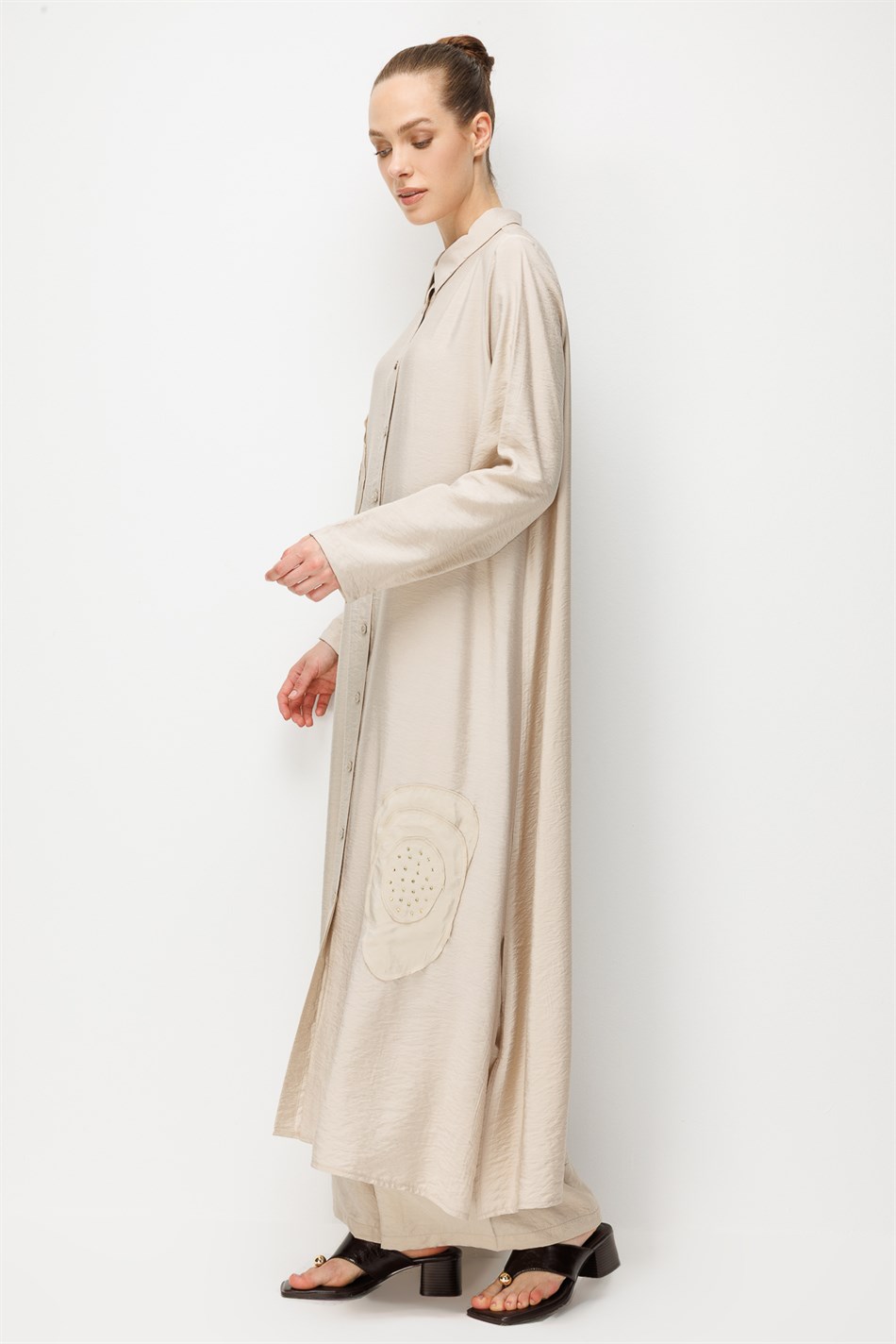 %85 LyoCELL Aller Özel Taş ve Desen İşlemeli Maxi Tunik Elbise Ferace-Taş