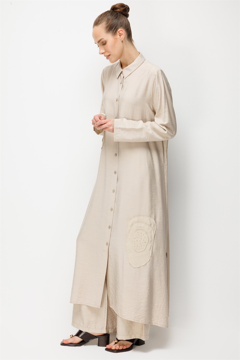 %85 LyoCELL Aller Özel Taş ve Desen İşlemeli Maxi Tunik Elbise Ferace-Taş