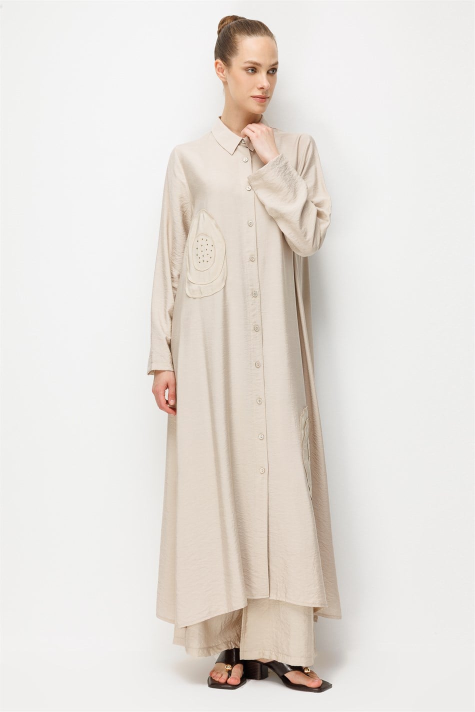%85 LyoCELL Aller Özel Taş ve Desen İşlemeli Maxi Tunik Elbise Ferace-Taş