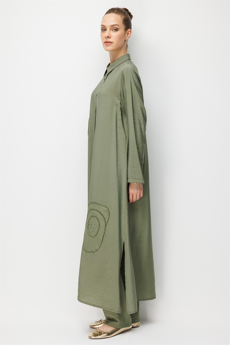%85 LyoCELL Aller Özel Taş ve Desen İşlemeli Maxi Tunik Elbise Ferace-Haki