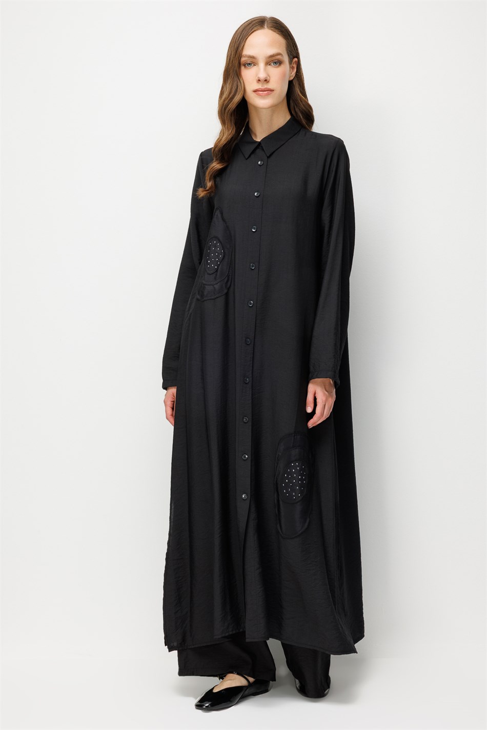 %85 LyoCELL Aller Özel Taş ve Desen İşlemeli Maxi Tunik Elbise Ferace-Siyah