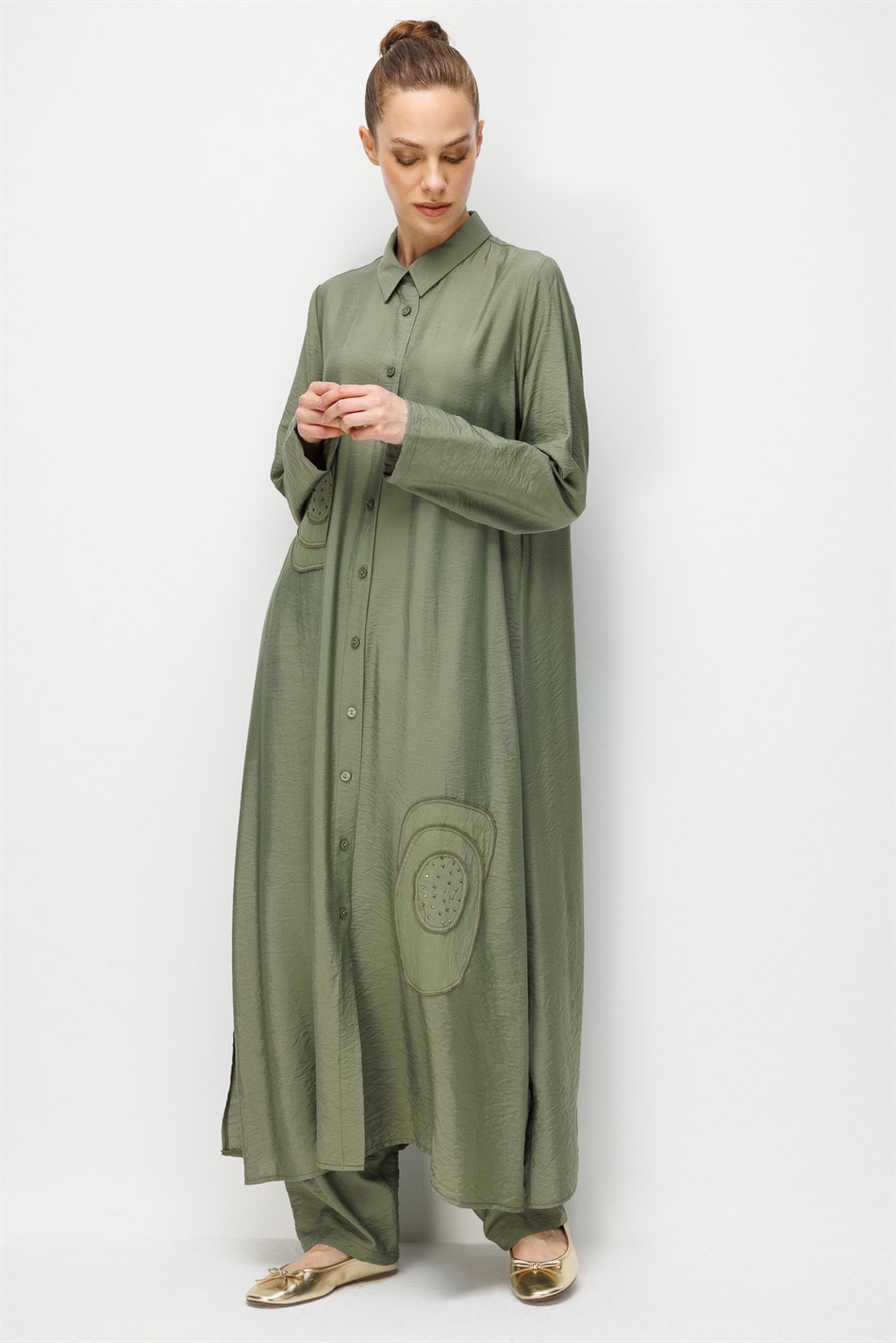 %85 LyoCELL Aller Özel Taş ve Desen İşlemeli Maxi Tunik Elbise Ferace-Haki