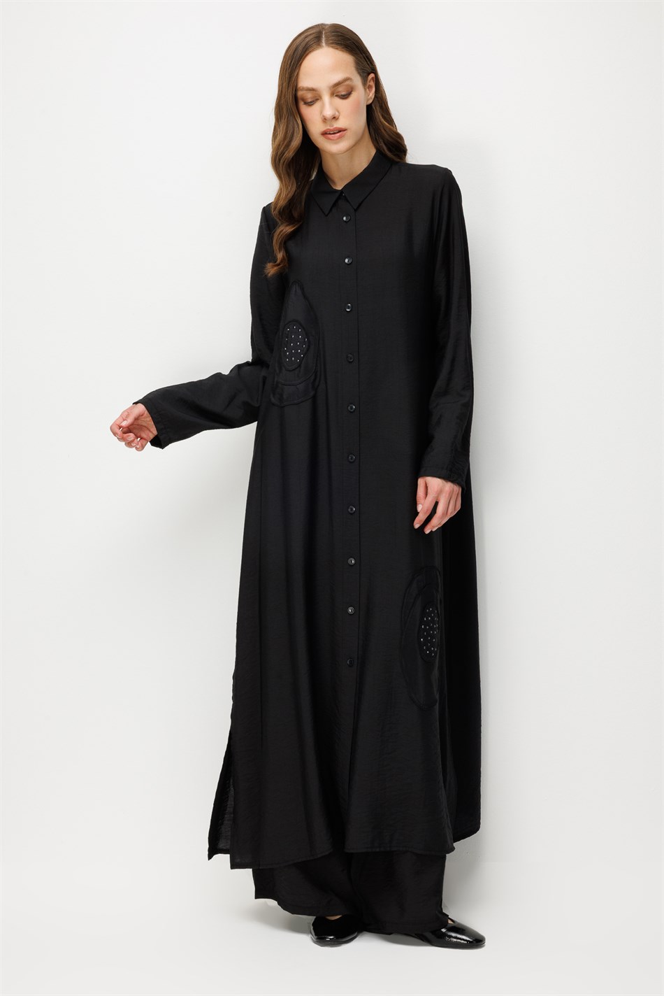 %85 LyoCELL Aller Özel Taş ve Desen İşlemeli Maxi Tunik Elbise Ferace-Siyah