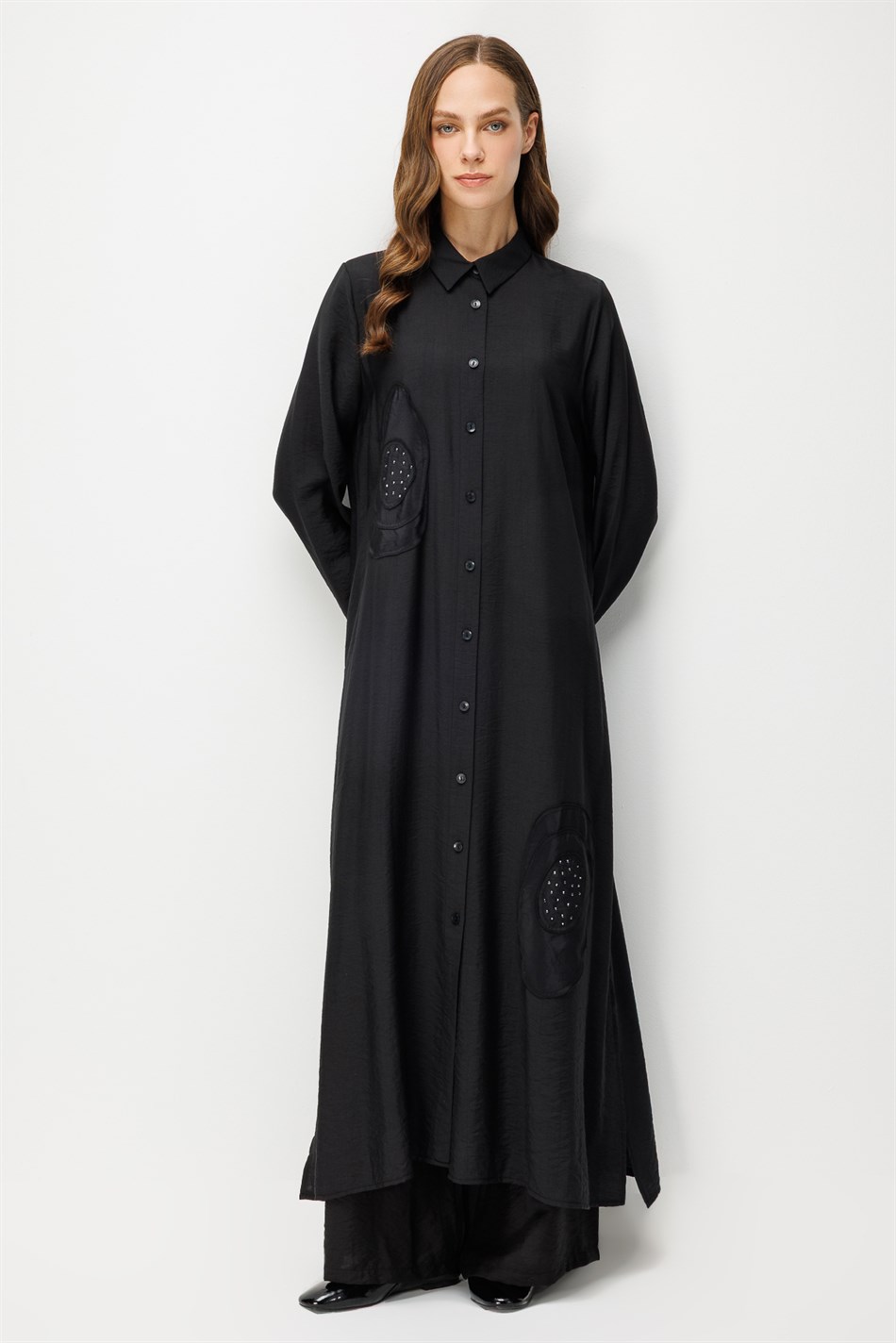 %85 LyoCELL Aller Özel Taş ve Desen İşlemeli Maxi Tunik Elbise Ferace-Siyah