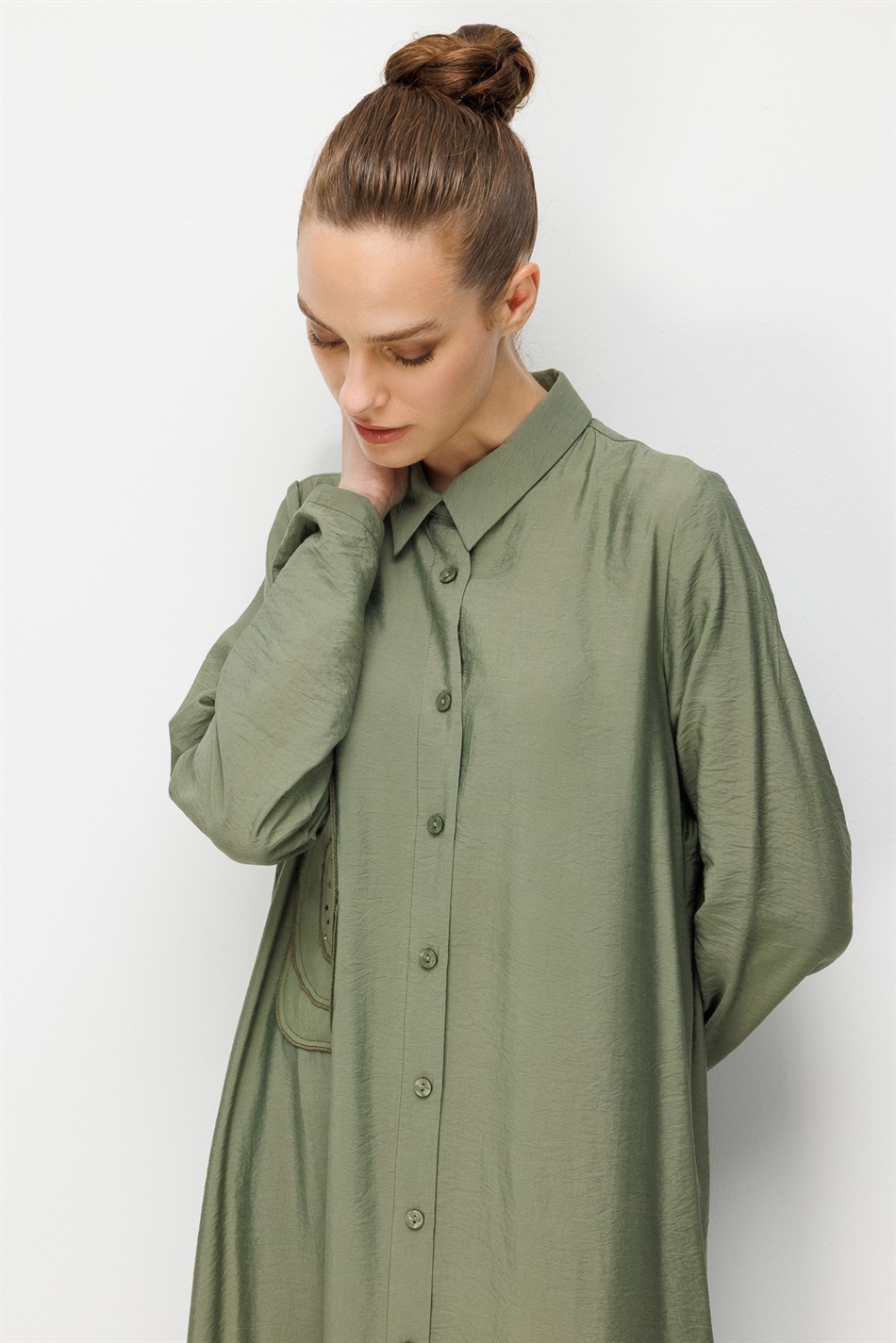 %85 LyoCELL Aller Özel Taş ve Desen İşlemeli Maxi Tunik Elbise Ferace-Haki