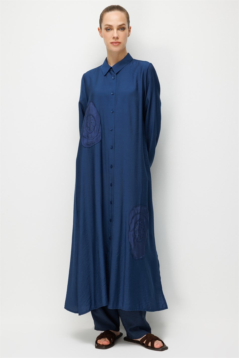 %85 LyoCELL Aller Özel Taş ve Desen İşlemeli Maxi Tunik Elbise Ferace-MARİN