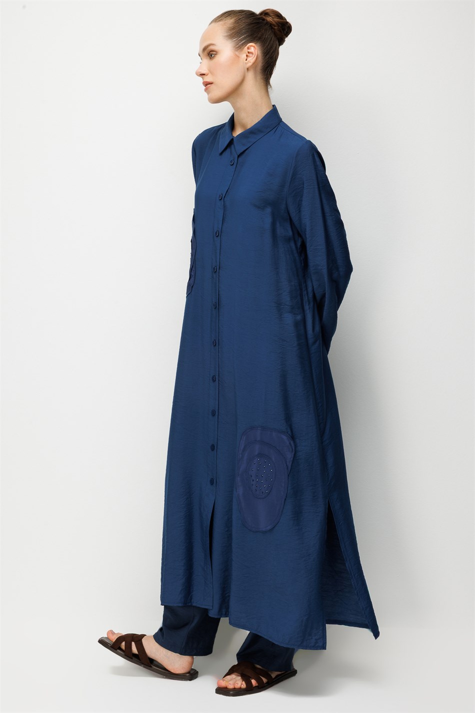 %85 LyoCELL Aller Özel Taş ve Desen İşlemeli Maxi Tunik Elbise Ferace-MARİN