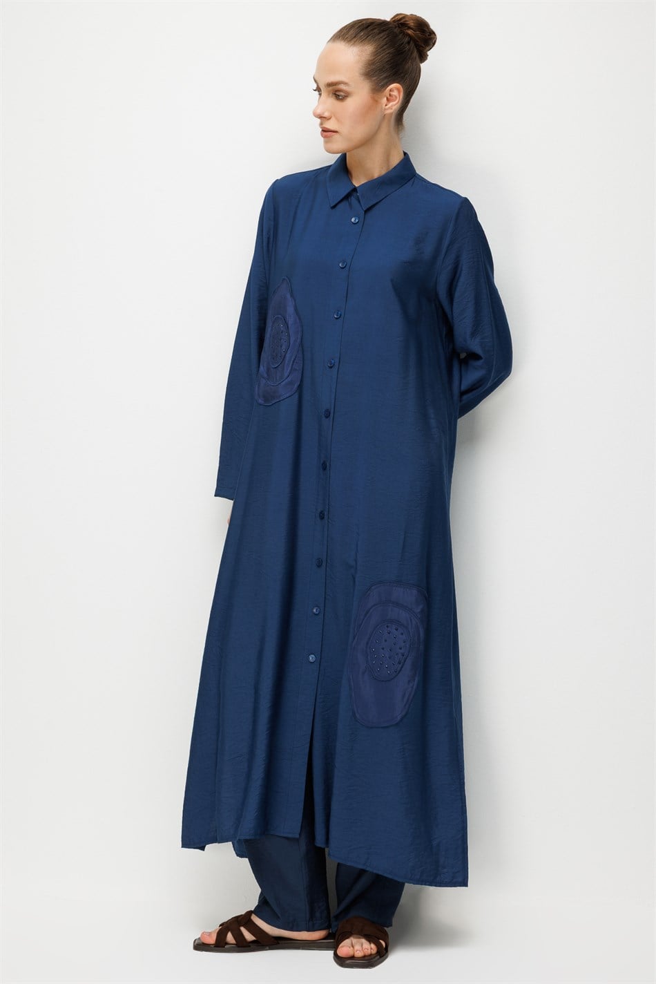 %85 LyoCELL Aller Özel Taş ve Desen İşlemeli Maxi Tunik Elbise Ferace-MARİN