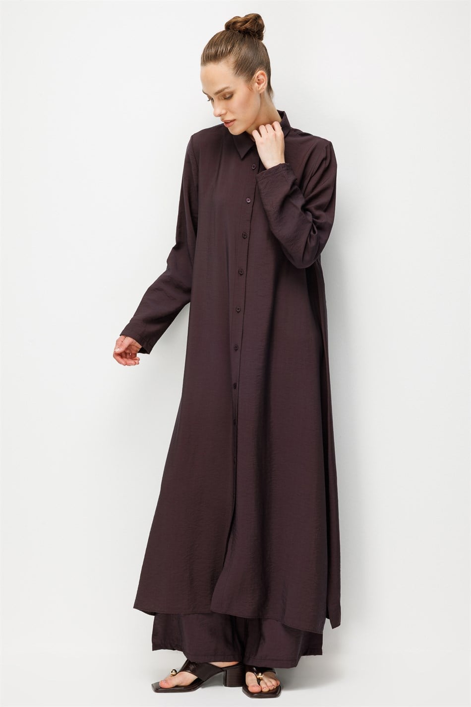 %85 LyoCELL Aller Sırt Rüzgarlıklı  Maxi Tunik Elbise-Pantalon Kombin Takım-Kahve