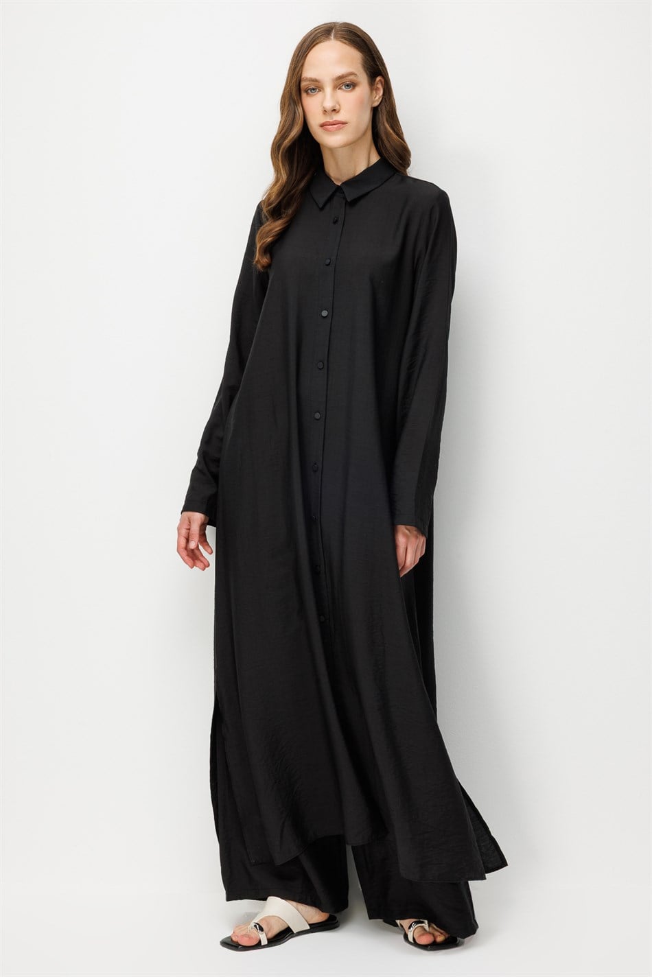 %85 LyoCELL Aller Sırt Rüzgarlıklı  Maxi Tunik Elbise-Pantalon Kombin Takım-Siyah