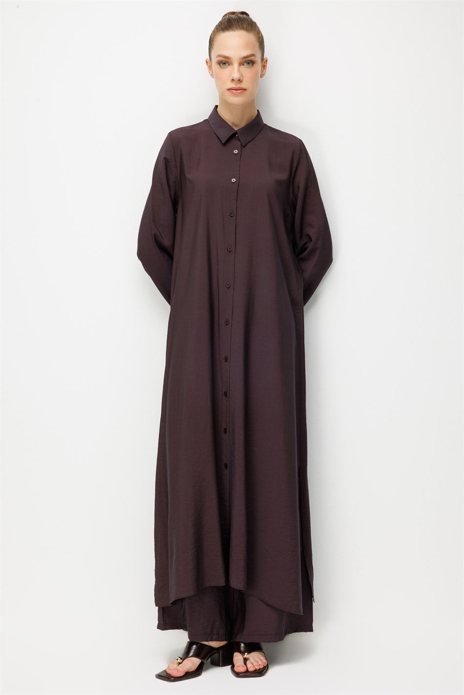 %85 LyoCELL Aller Sırt Rüzgarlıklı  Maxi Tunik Elbise-Pantalon Kombin Takım-Kahve