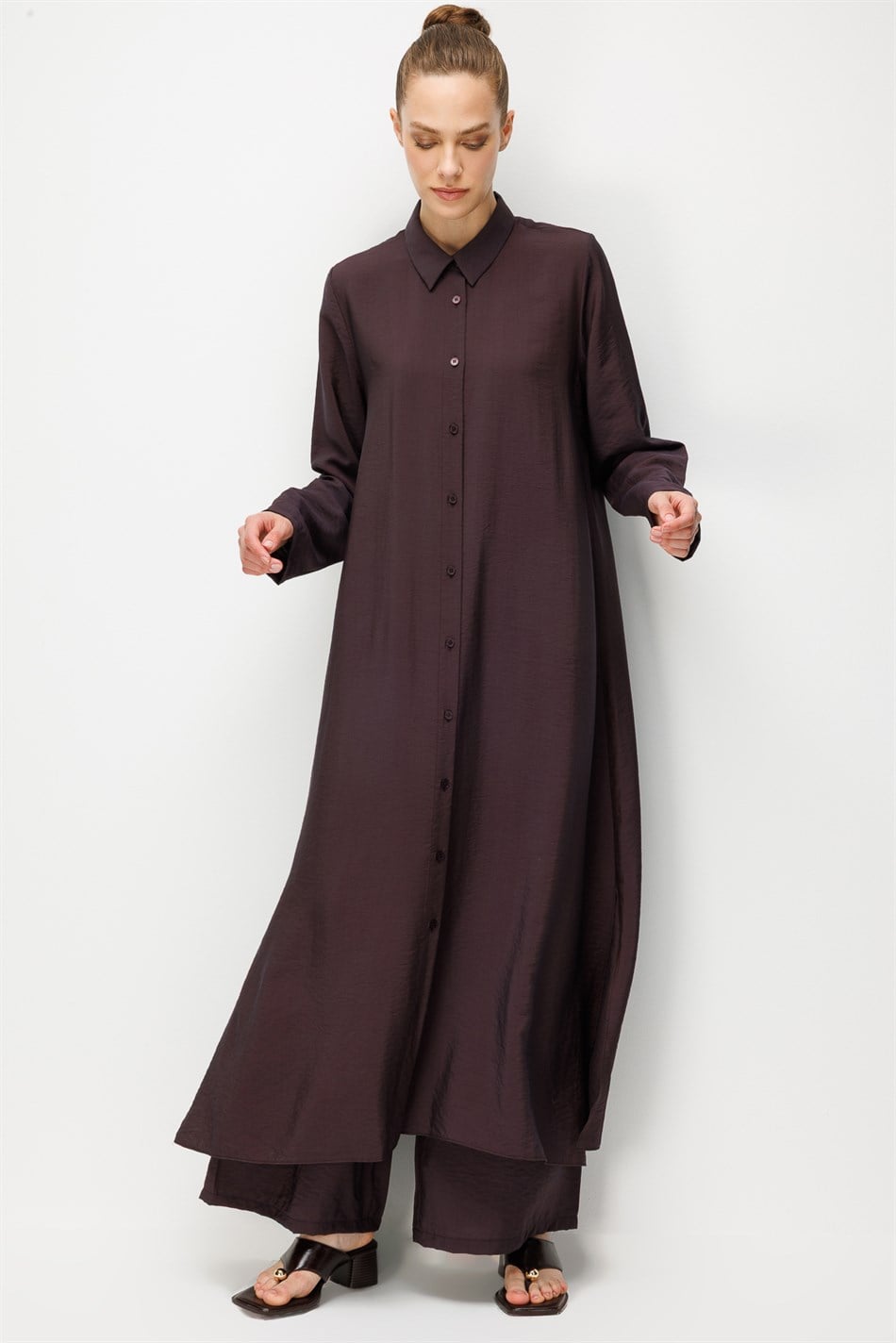 %85 LyoCELL Aller Sırt Rüzgarlıklı  Maxi Tunik Elbise-Pantalon Kombin Takım-Kahve