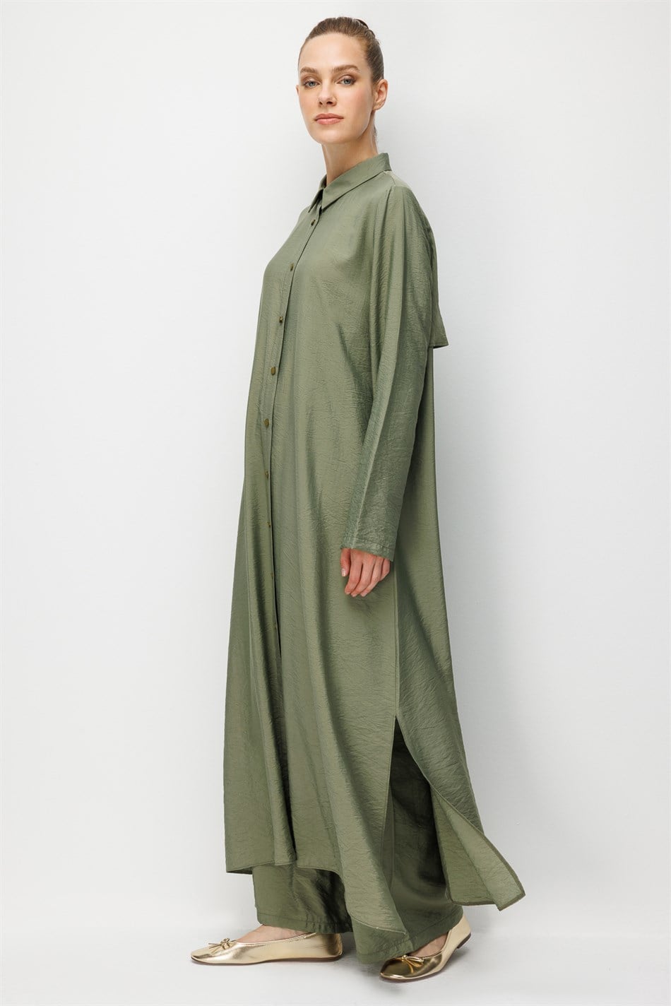 %85 LyoCELL Aller Sırt Rüzgarlıklı  Maxi Tunik Elbise-Pantalon Kombin Takım-Haki