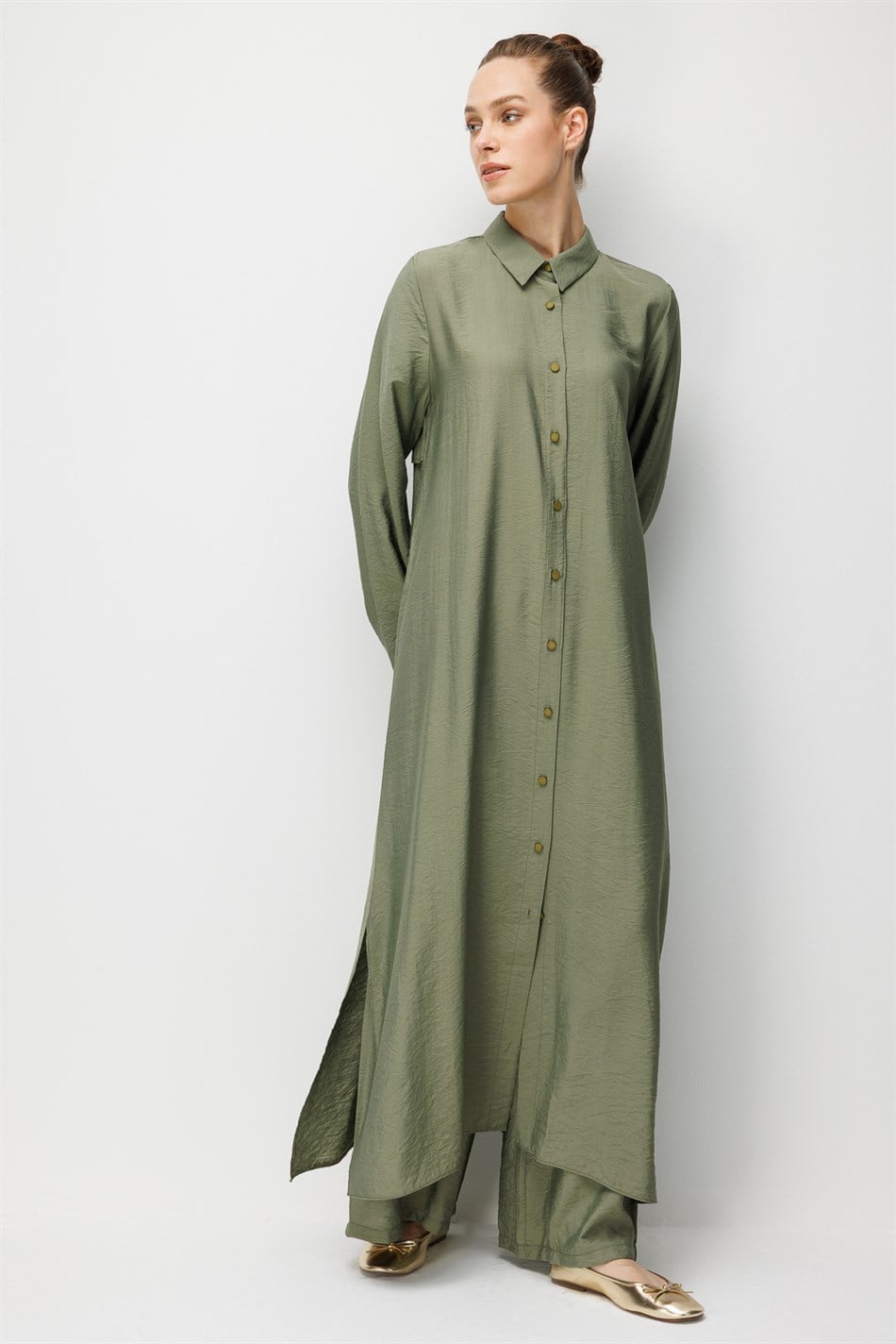 %85 LyoCELL Aller Sırt Rüzgarlıklı  Maxi Tunik Elbise-Pantalon Kombin Takım-Haki