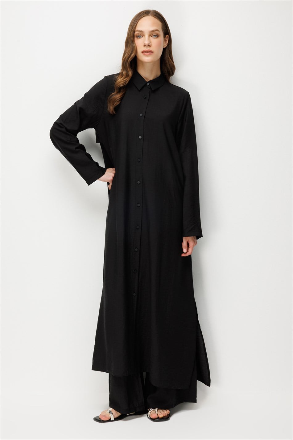 %85 LyoCELL Aller Sırt Rüzgarlıklı  Maxi Tunik Elbise-Pantalon Kombin Takım-Siyah
