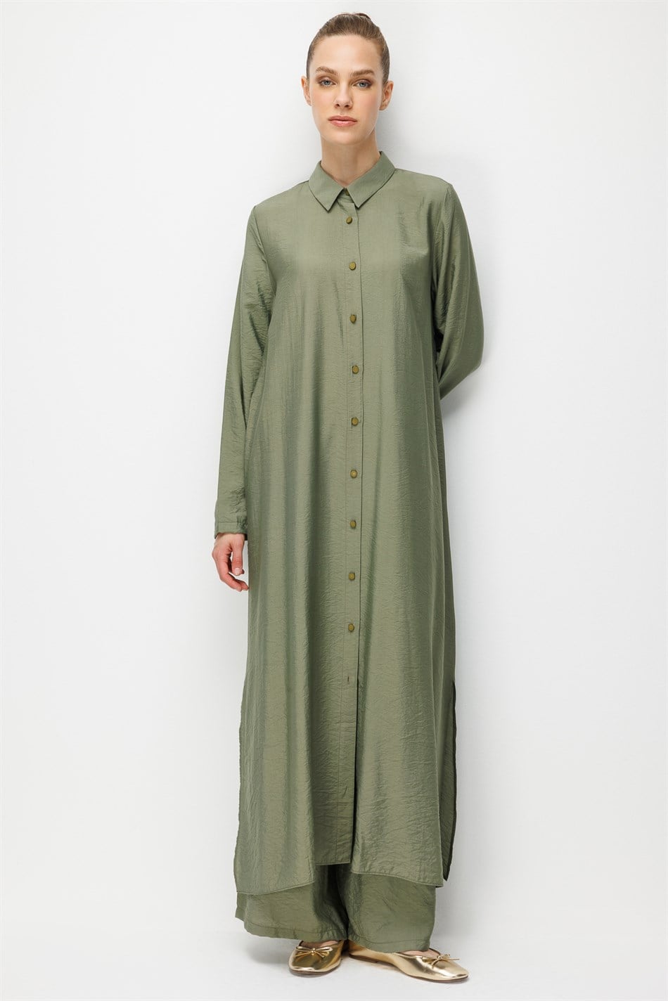 %85 LyoCELL Aller Sırt Rüzgarlıklı  Maxi Tunik Elbise-Pantalon Kombin Takım-Haki