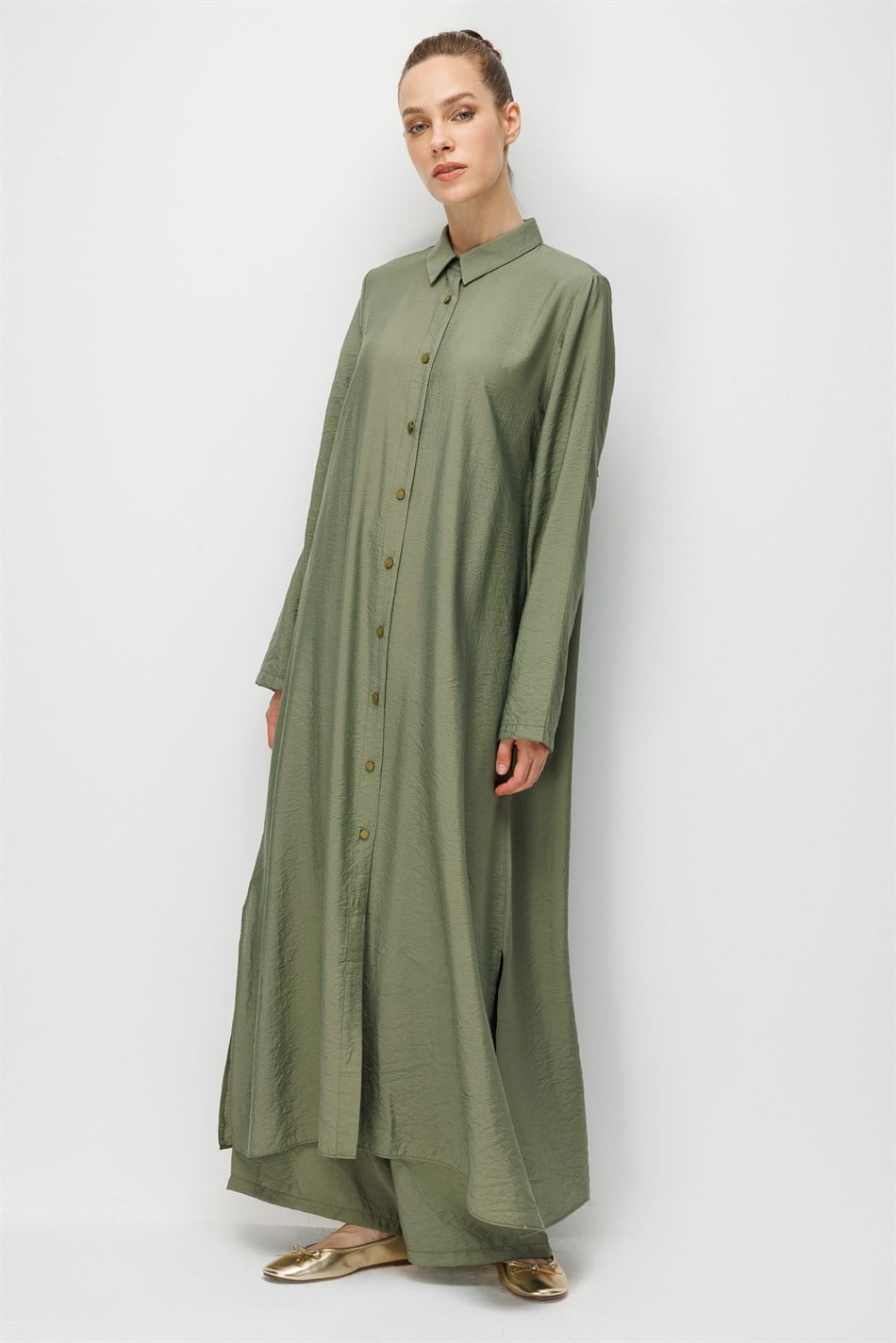 %85 LyoCELL Aller Sırt Rüzgarlıklı  Maxi Tunik Elbise-Pantalon Kombin Takım-Haki