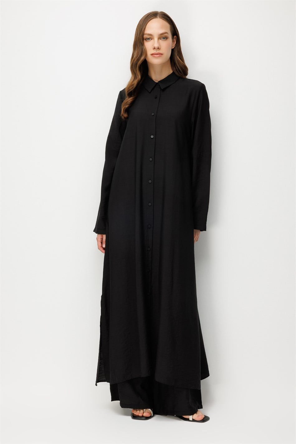%85 LyoCELL Aller Sırt Rüzgarlıklı  Maxi Tunik Elbise-Pantalon Kombin Takım-Siyah