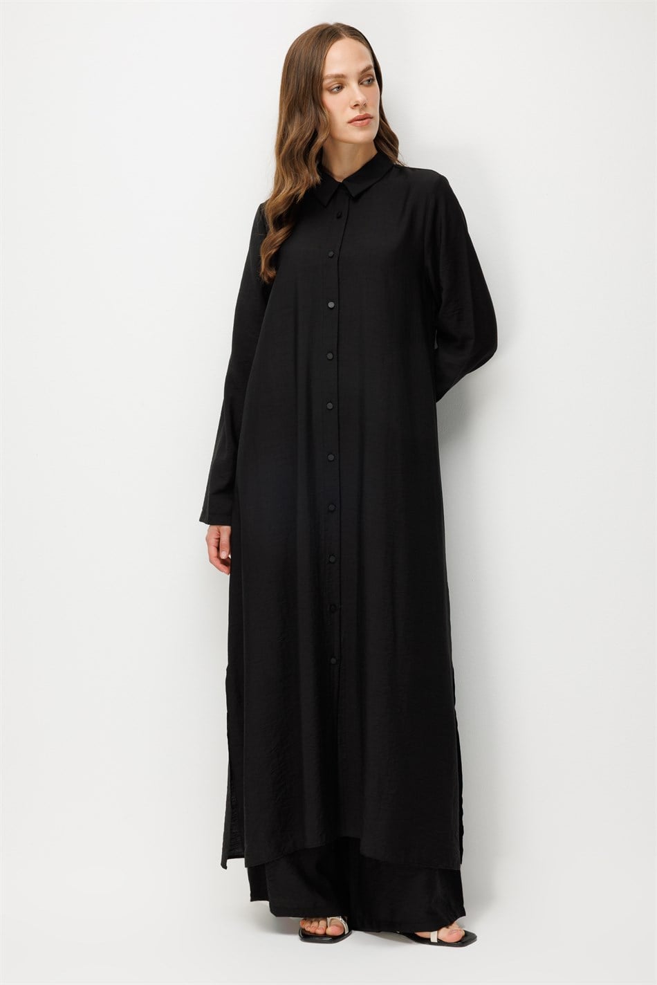 %85 LyoCELL Aller Sırt Rüzgarlıklı  Maxi Tunik Elbise-Pantalon Kombin Takım-Siyah