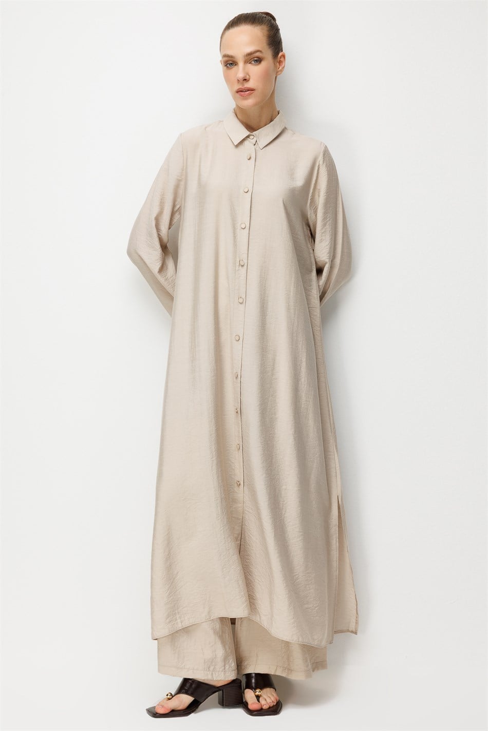 %85 LyoCELL Aller Sırt Rüzgarlıklı  Maxi Tunik Elbise-Pantalon Kombin Takım-Taş