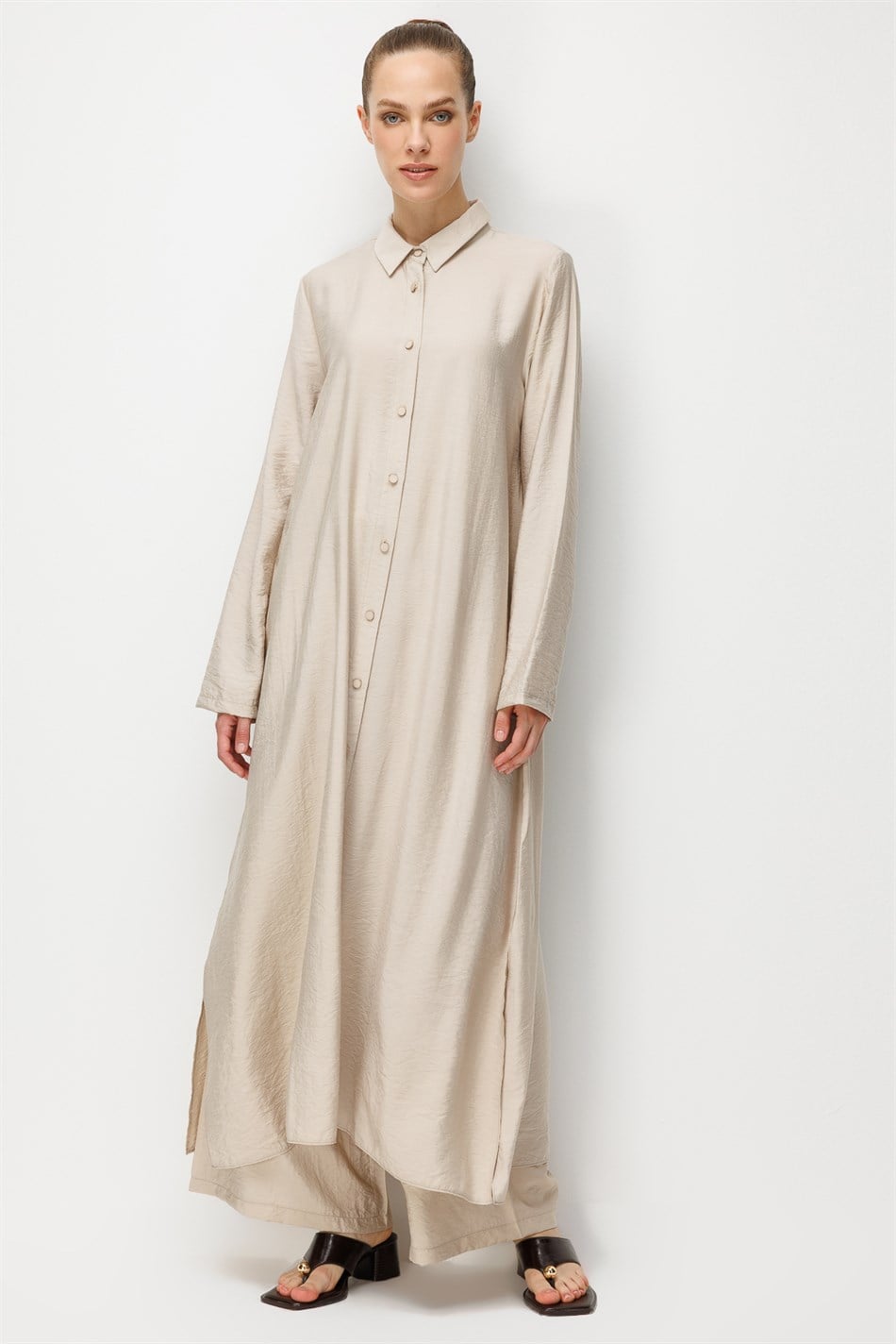 %85 LyoCELL Aller Sırt Rüzgarlıklı  Maxi Tunik Elbise-Pantalon Kombin Takım-Taş