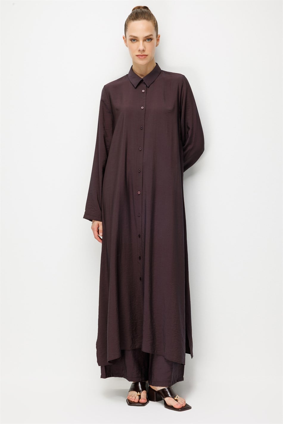 %85 LyoCELL Aller Sırt Rüzgarlıklı  Maxi Tunik Elbise-Pantalon Kombin Takım-Kahve