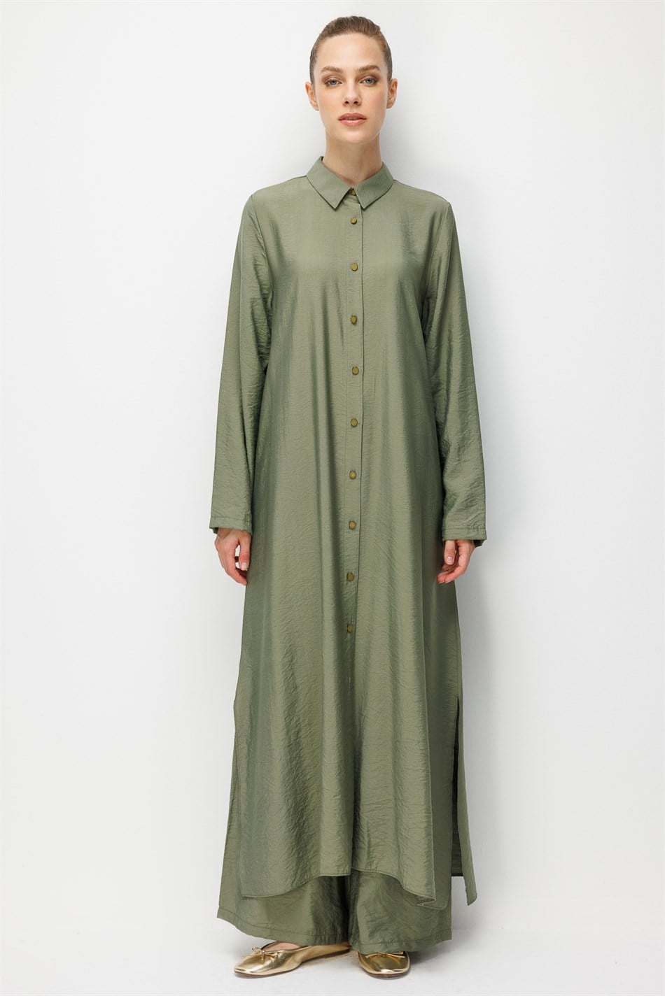 %85 LyoCELL Aller Sırt Rüzgarlıklı  Maxi Tunik Elbise-Pantalon Kombin Takım-Haki