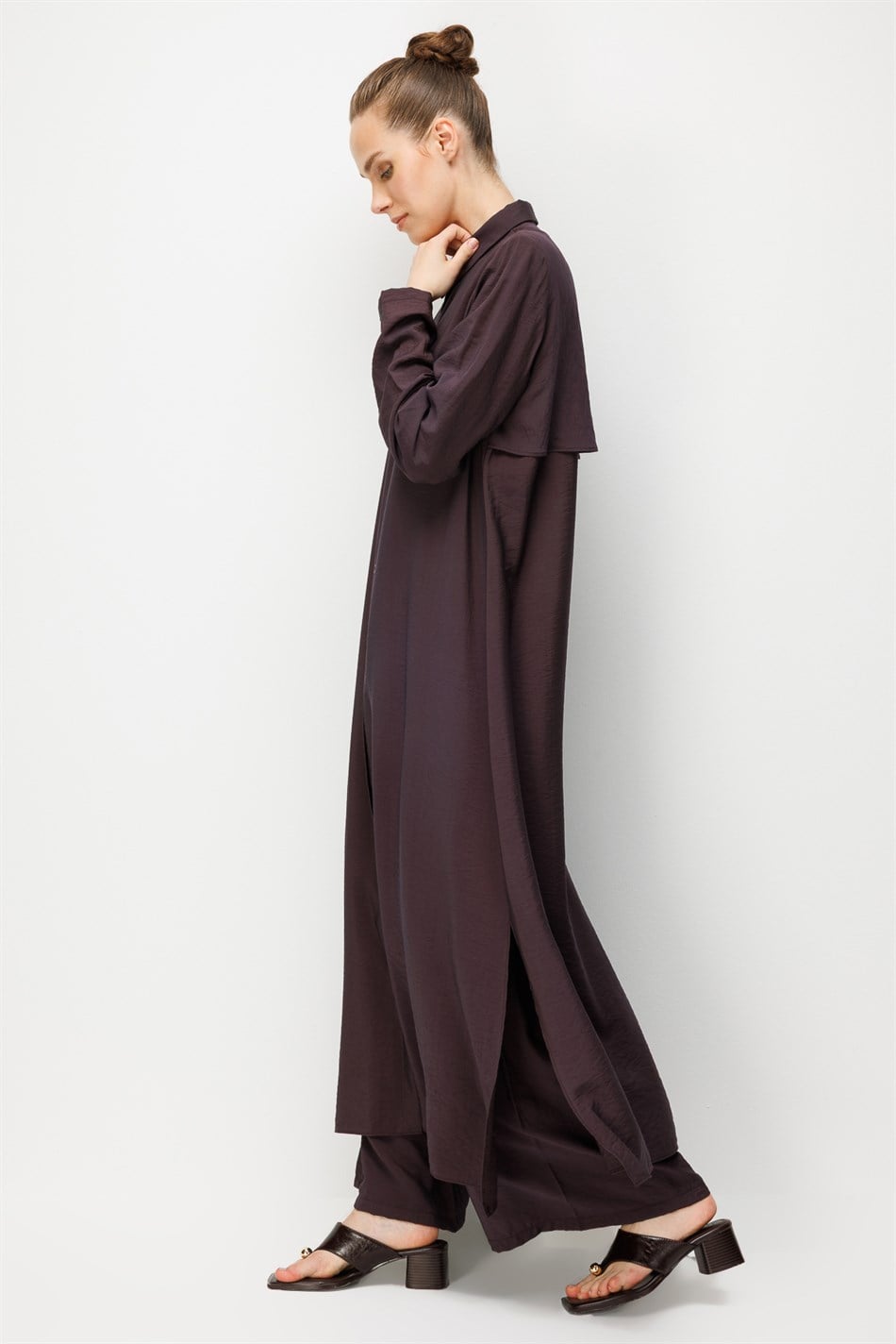 %85 LyoCELL Aller Sırt Rüzgarlıklı  Maxi Tunik Elbise-Pantalon Kombin Takım-Kahve