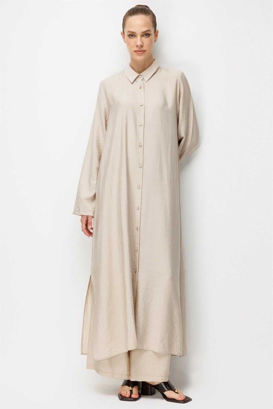 %85 LyoCELL Aller Sırt Rüzgarlıklı  Maxi Tunik Elbise-Pantalon Kombin Takım-Taş