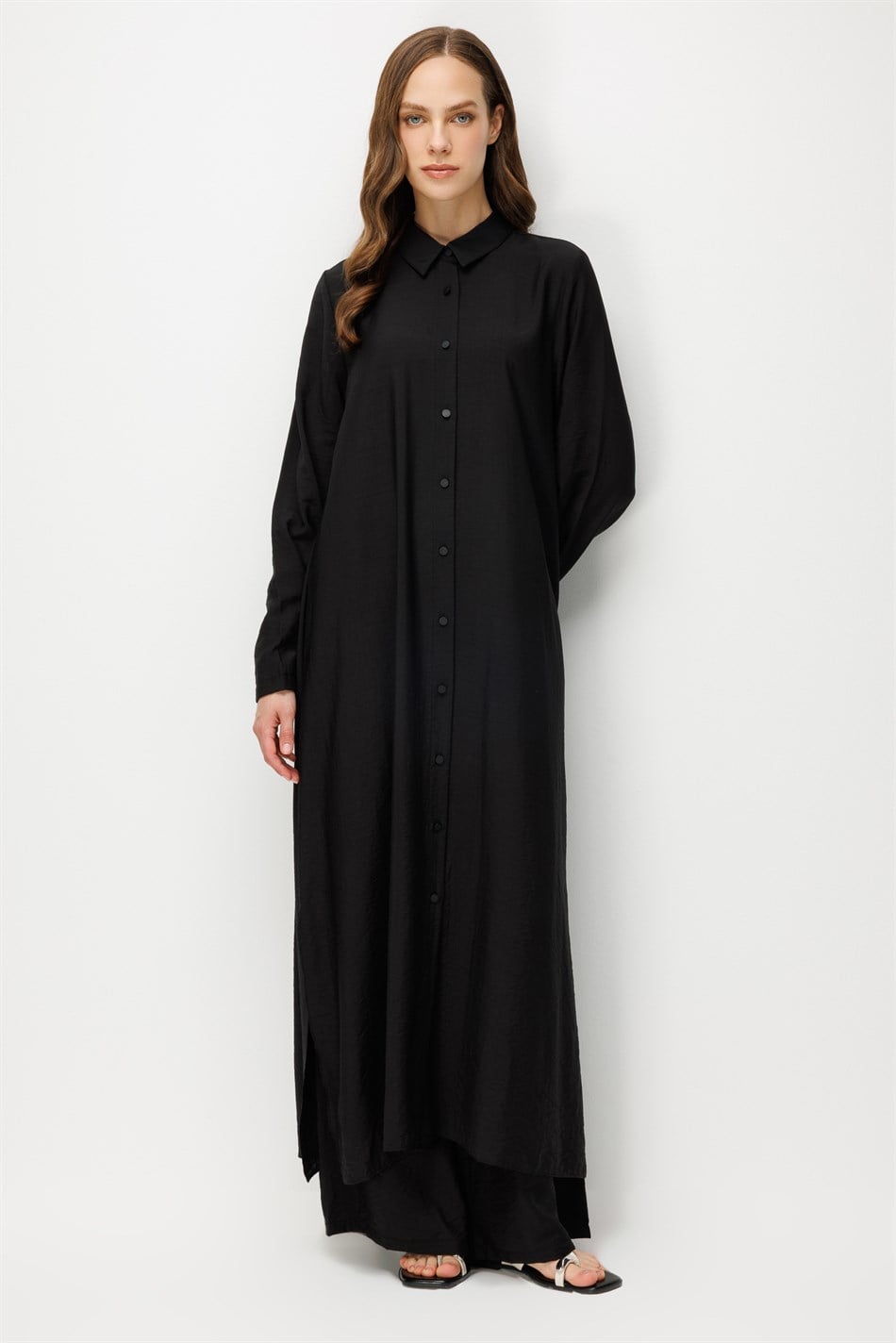 %85 LyoCELL Aller Sırt Rüzgarlıklı  Maxi Tunik Elbise-Pantalon Kombin Takım-Siyah