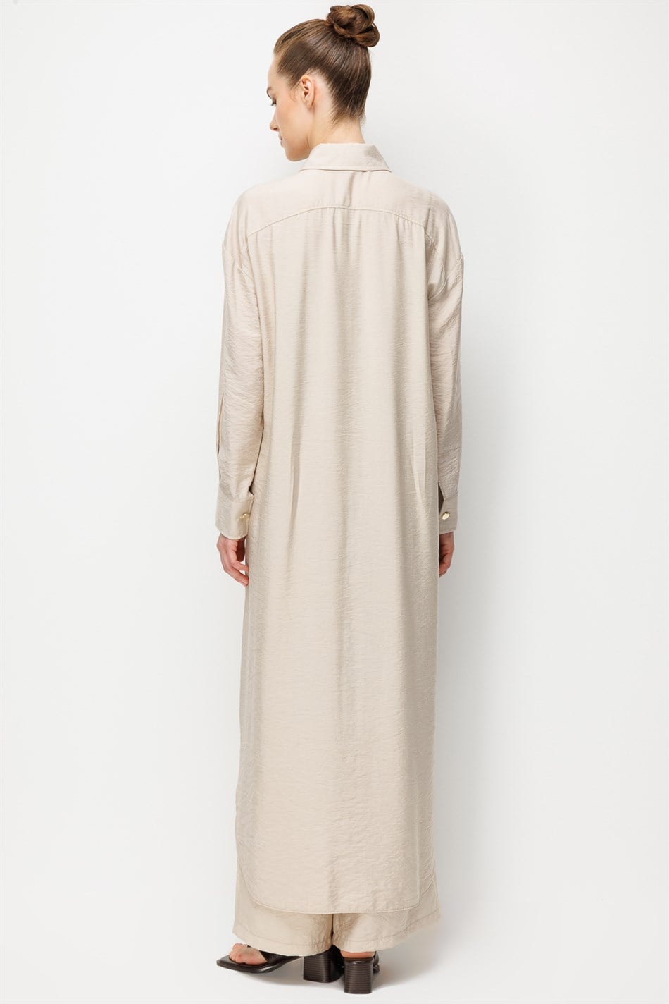%85 LyoCELL Düğme ve Aksesuar Detaylı  Maxi Tunik Elbise-Taş