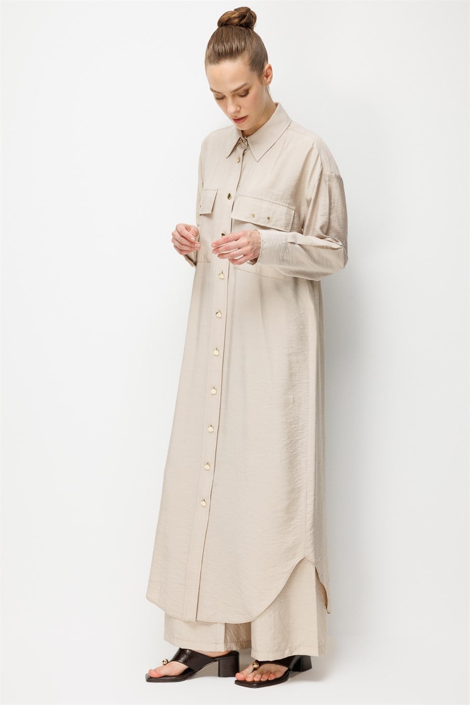 %85 LyoCELL Düğme ve Aksesuar Detaylı  Maxi Tunik Elbise-Taş