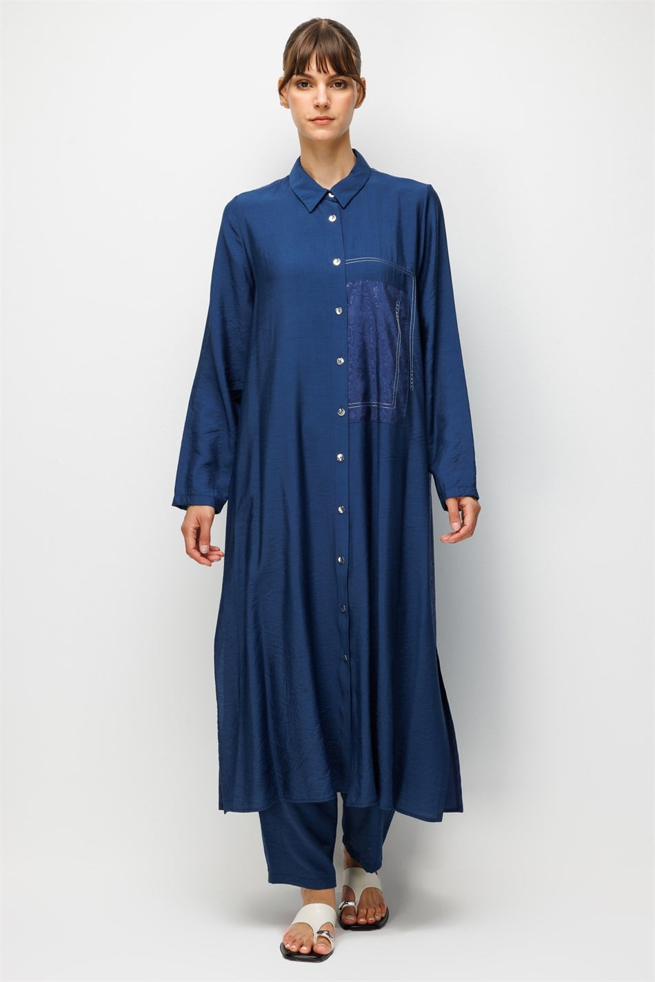 85% LyoCELL Goldy Patterned Fabric Trimmed Pants Maxi Tunic Set - Navy Blue