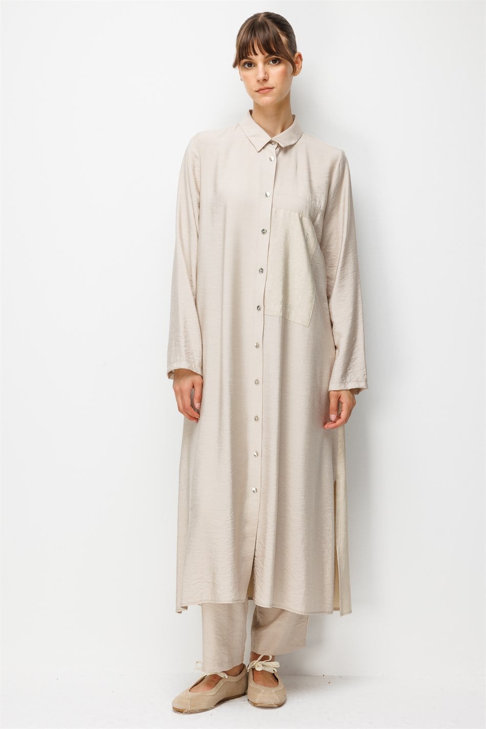 %85 LyoCELL Goldy Desenli Ara Kumaş Garnili Pantalon Maxi Tunik Kombin Takım.-Taş
