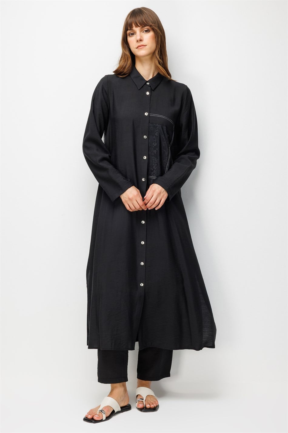 %85 LyoCELL Goldy Desenli Ara Kumaş Garnili Pantalon Maxi Tunik Kombin Takım.-Siyah