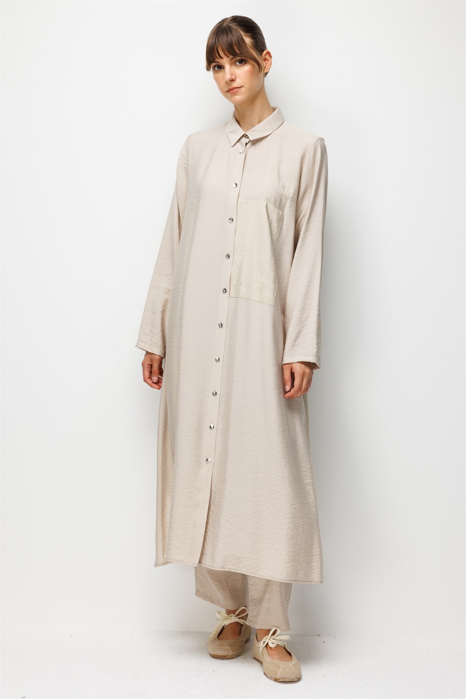 %85 LyoCELL Goldy Desenli Ara Kumaş Garnili Pantalon Maxi Tunik Kombin Takım.-Taş