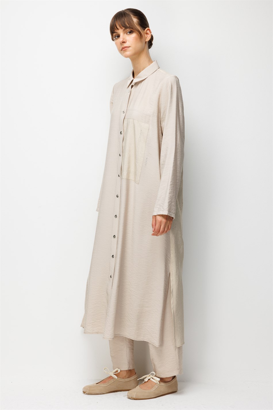 %85 LyoCELL Goldy Desenli Ara Kumaş Garnili Pantalon Maxi Tunik Kombin Takım.-Taş