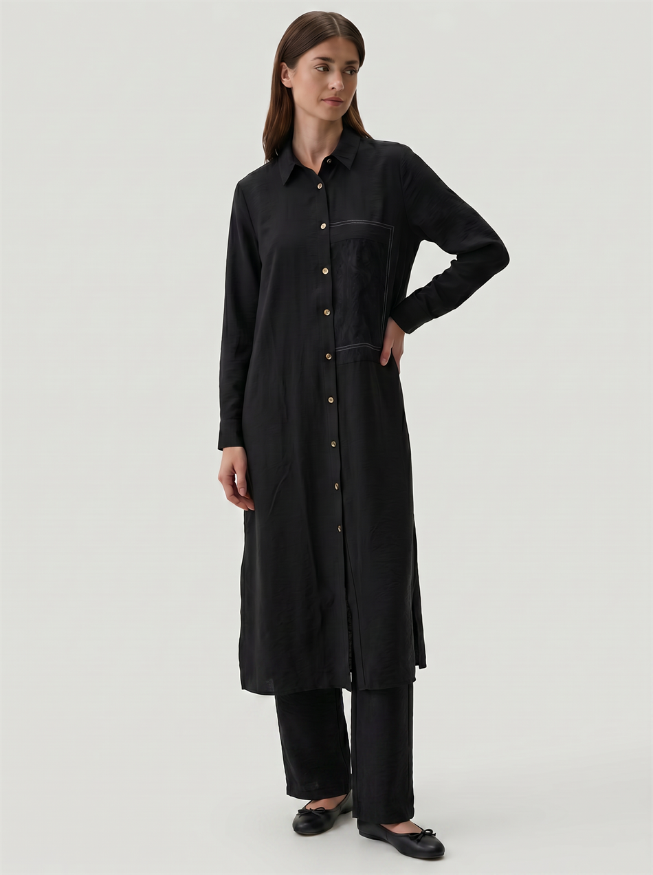 %85 LyoCELL Goldy Desenli Ara Kumaş Garnili Pantalon Maxi Tunik Kombin Takım.-Siyah