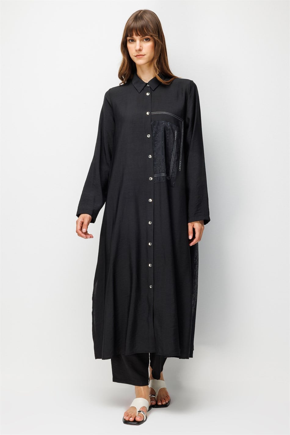 %85 LyoCELL Goldy Desenli Ara Kumaş Garnili Pantalon Maxi Tunik Kombin Takım.-Siyah