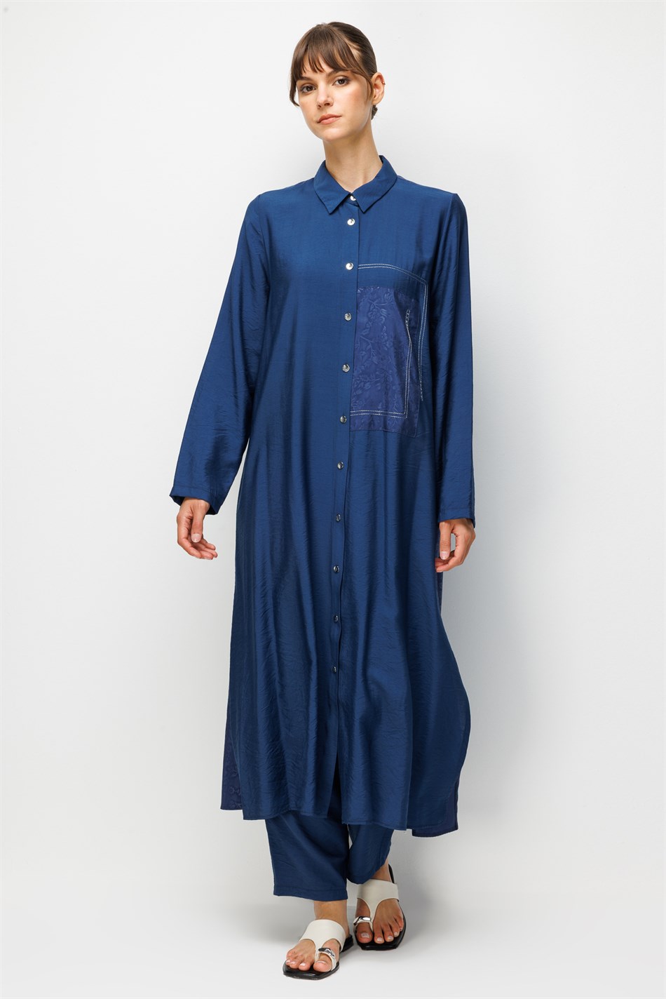 85% LyoCELL Goldy Patterned Fabric Trimmed Pants Maxi Tunic Set - Navy Blue