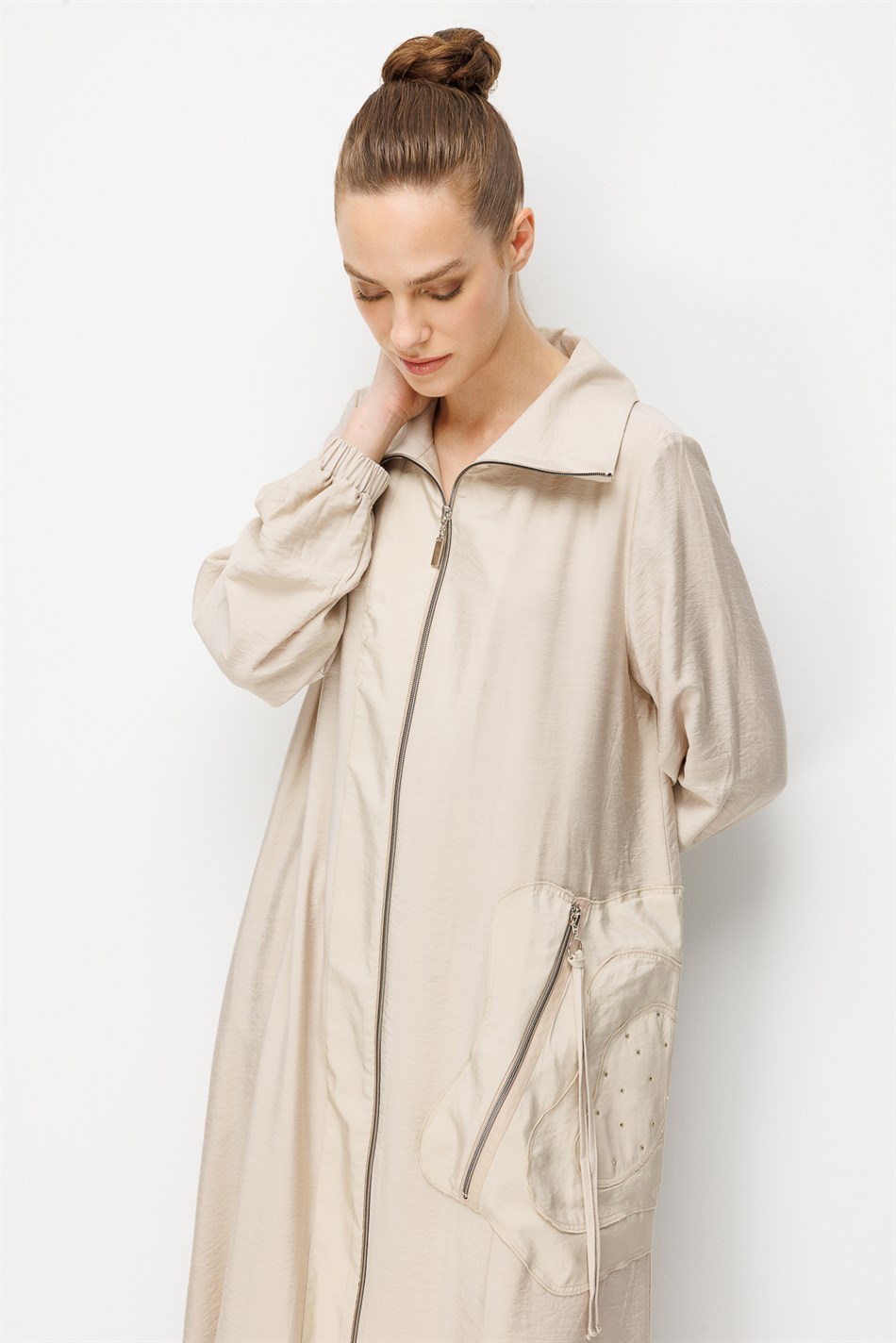 %85 LyoCELL Goldy Floral Desen Cep İşlemeli Ferace-Taş