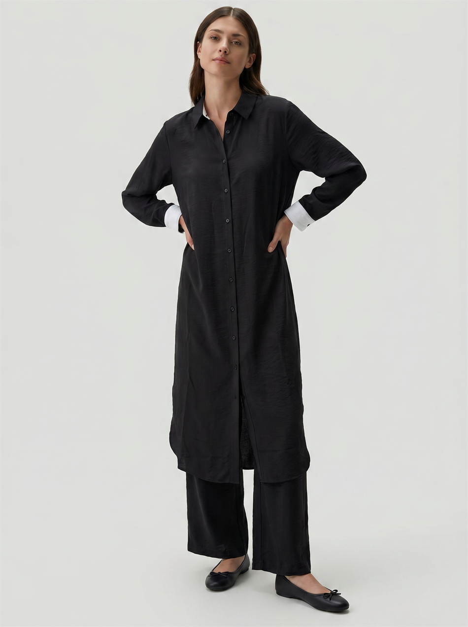 %85 LyoCELL Goldy Marin Çizgi  Ara Kumaş Garnili Pantalon Maxi Tunik Kombin Takım-Siyah