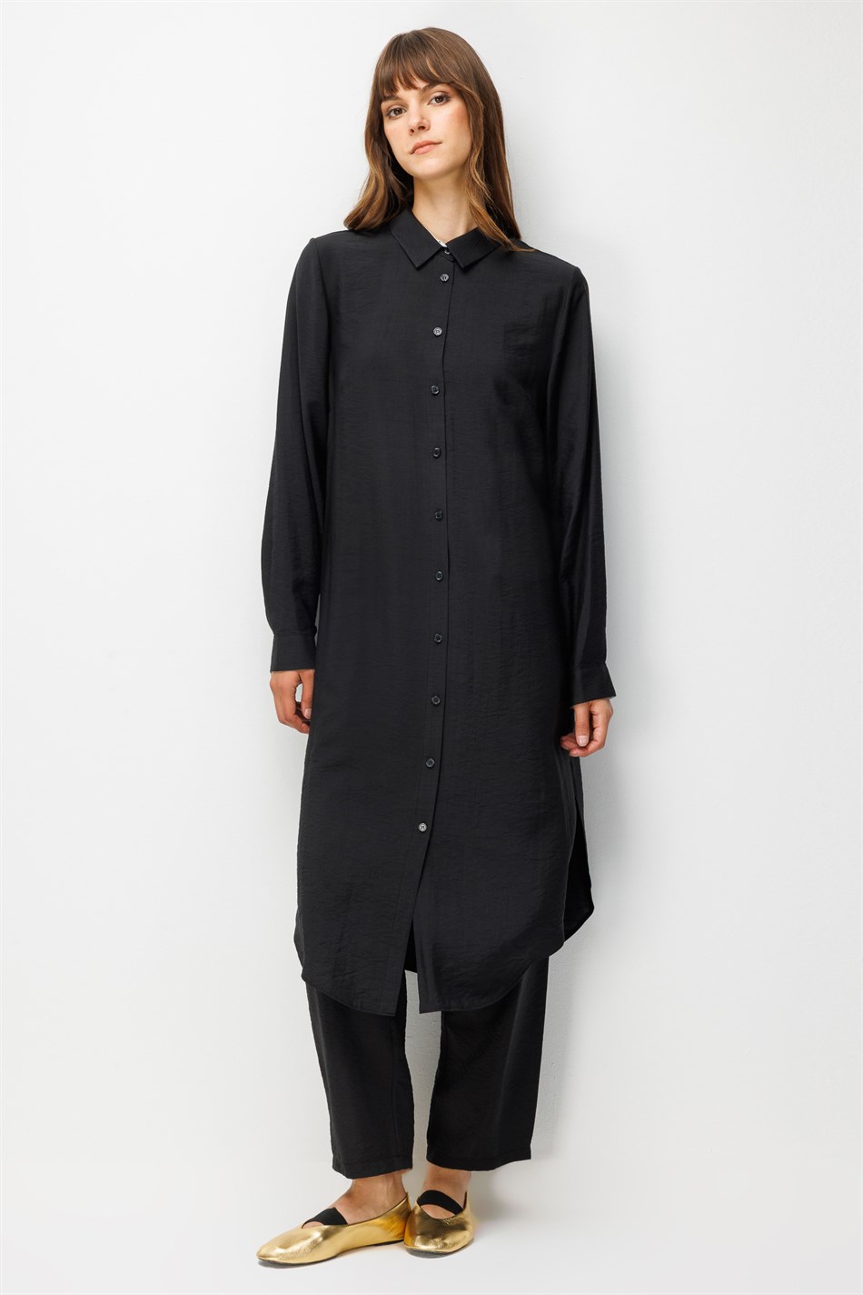 85% LyoCELL Goldy Marine Striped Fabric Trimmed Pants Maxi Tunic Set - Black